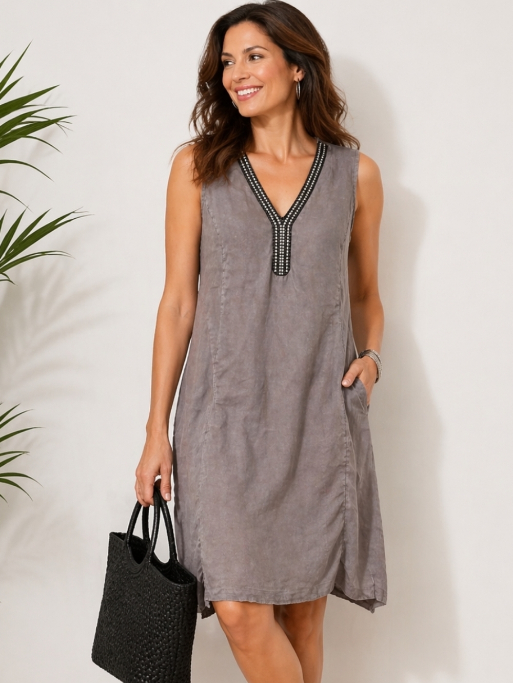 Lina Tomei Italian Taupe Linen Sleeveless Embellished Sheath Midi Dress Sz XL